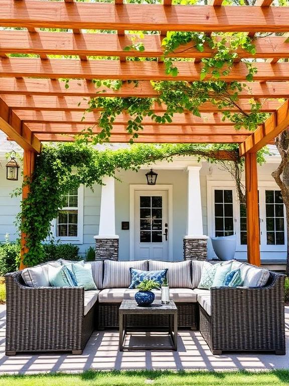 "Wooden pergola over outdoor sofa with cushions, climbing vines, small coffee table, hanging lanterns, bright front yard, modern house facade"