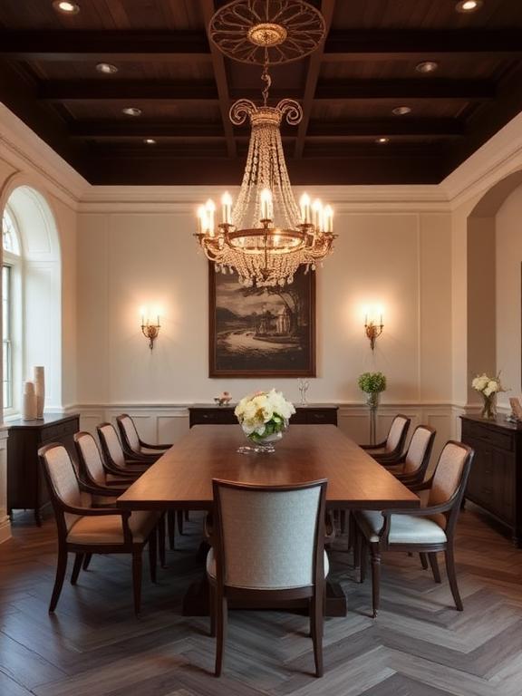  Dining room with a bold chandelier, warm lighting, wooden dining table, elegant and stylish atmosphere
