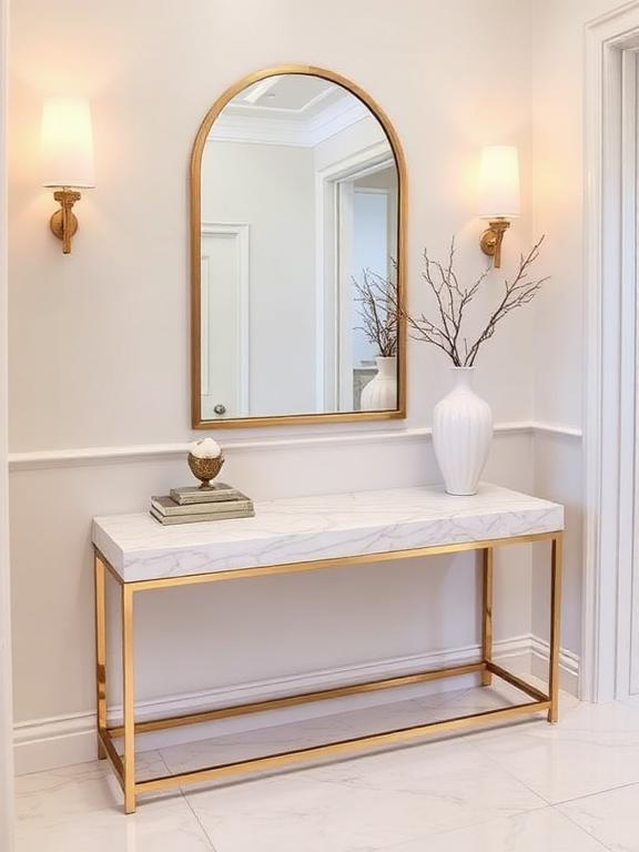 White marble console table, brushed brass frame, arched mirror, sculptural decor, soft warm lighting, elegant hallway styling.