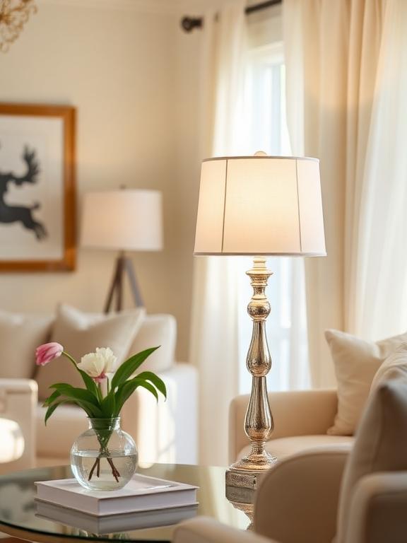 Table lamp with white shade, bright living room, spring decor