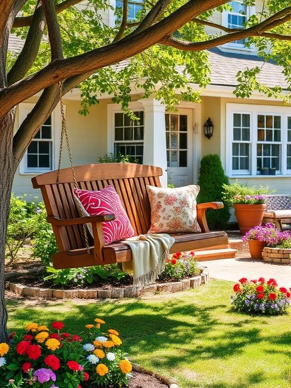 Wooden swing bench hanging from a tree with colorful cushions and a throw, surrounded by flower beds, sunny front yard, charming cottage-style house in background