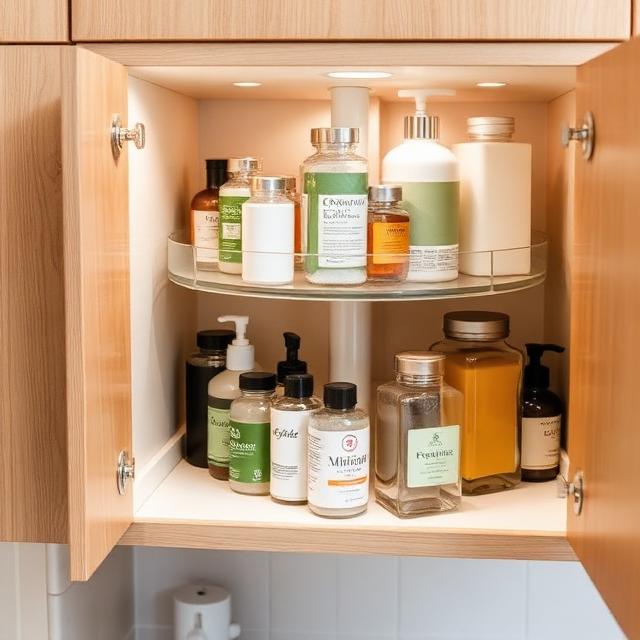 Bathroom cabinet with Lazy Susan holding bottles and jars, items easily accessible and organized.