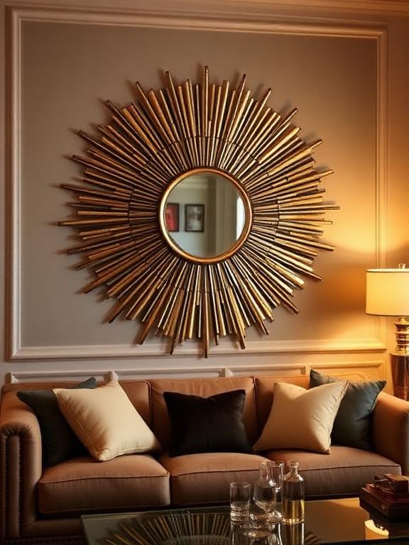 22 Mirror Wall Decor Ideas for Living Room Sunburst mirror with metallic rays above sofa, glam living room with warm lighting and stylish decor.