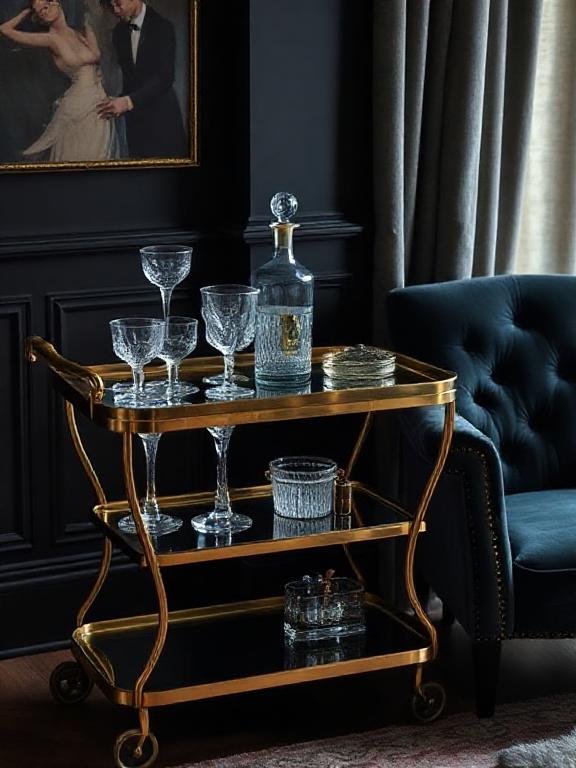 Glass and brass bar cart, crystal glasses, decanter, velvet chair nearby, moody art deco ambiance