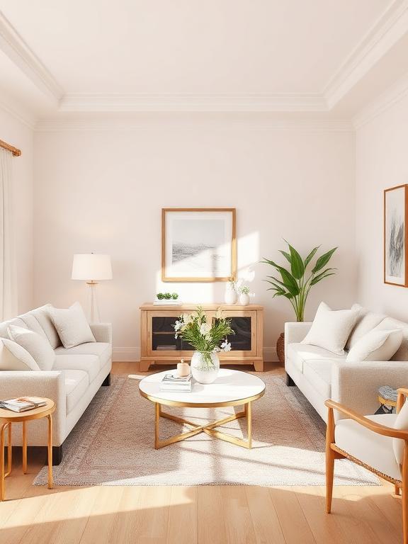  Living room with pastel accents, neutral furniture, soft and airy vibe