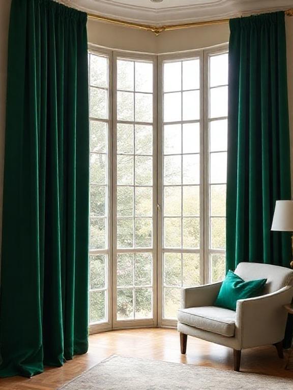 Emerald velvet floor-length curtains, tall windows, cream sofa, brass curtain rod, warm ambient light.