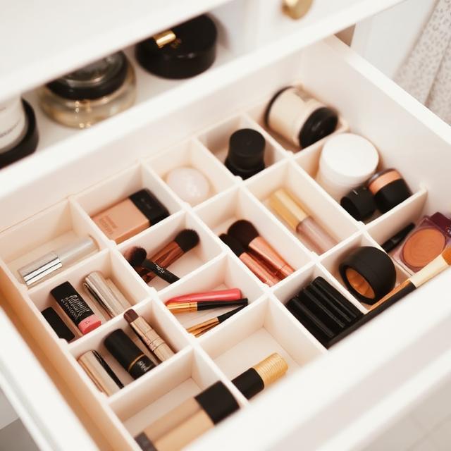 Bathroom drawer neatly organized with dividers holding makeup brushes, skincare items, and grooming tools, bright lighting.