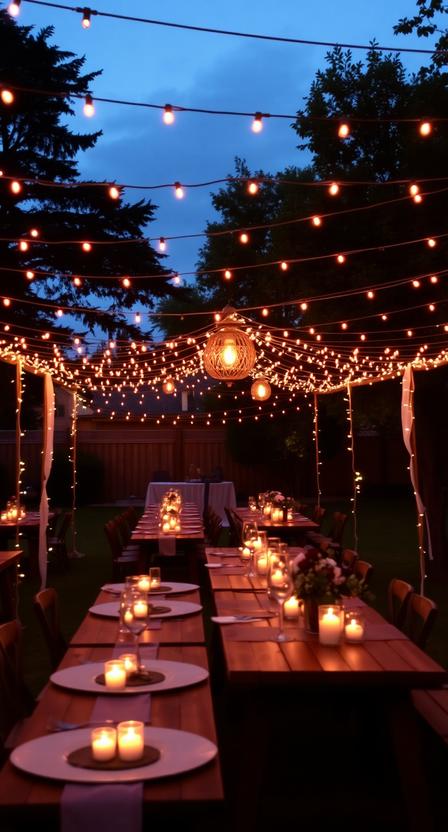 Romantic backyard wedding at dusk with warm string lights canopy, wooden tables, soft glowing candles, intimate outdoor setting, cinematic lighting.