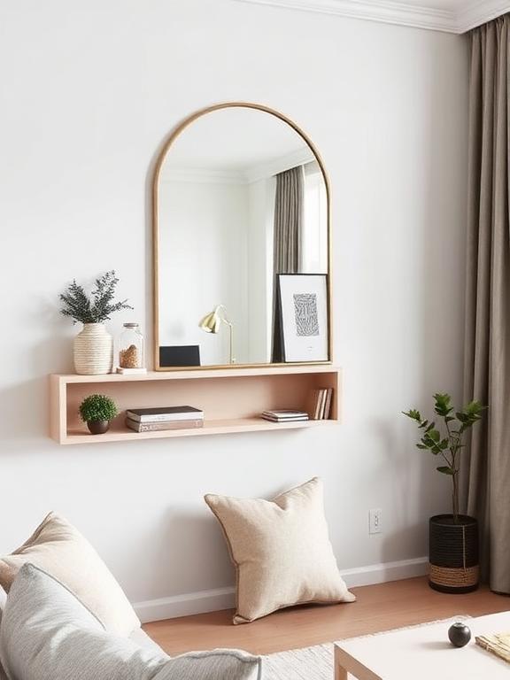 22 Mirror Wall Decor Ideas for Living Room Wall mirror with built-in shelf, modern small living room, minimal decor styling, soft natural light, functional interior photography.