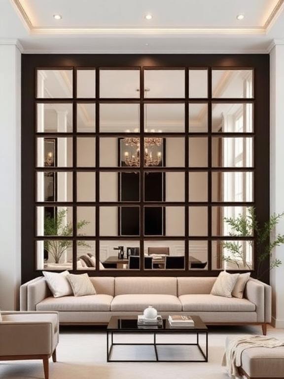 22 Mirror Wall Decor Ideas for Living Room Square grid mirror wall in modern living room, symmetrical arrangement reflecting light evenly.