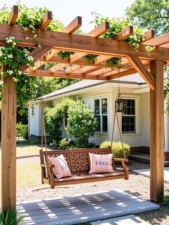 "Rustic wooden pergola with hanging swing, cushions, lanterns, flowering plants climbing pergola, sunny front yard, cottage-style house"