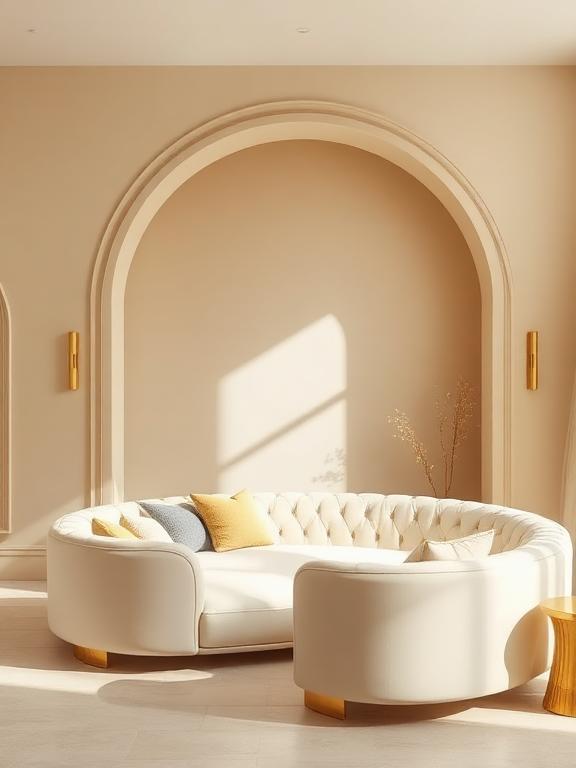  Beige arched doorway, curved cream sofa, gold accents, neutral palette, soft natural lighting, modern art deco home