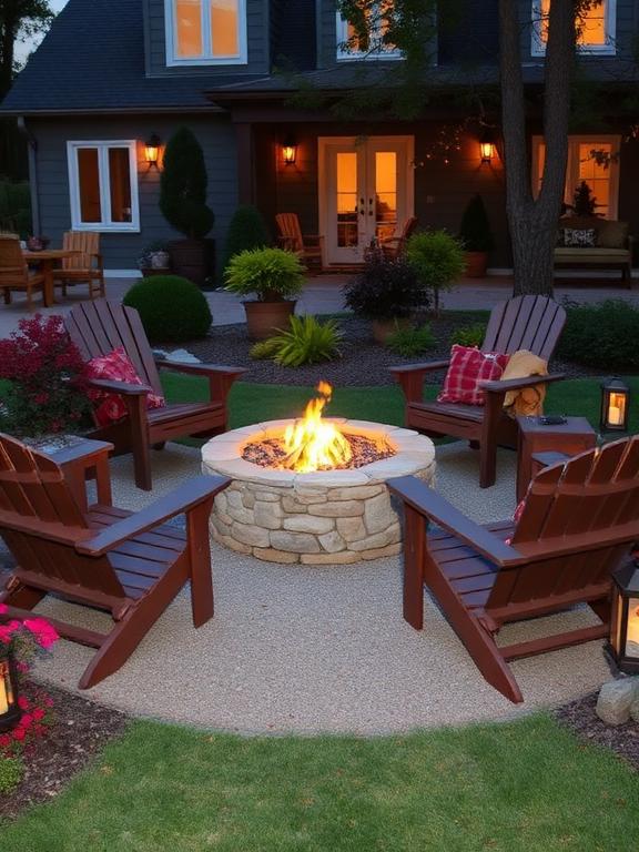 "Adirondack chairs around a stone fire pit in front yard, outdoor blankets, lanterns, surrounding plants, cozy evening setting, suburban home"