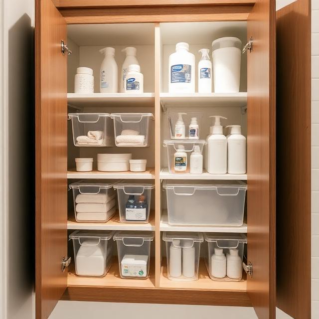 Bathroom cabinet with stackable bins neatly storing toiletries and bath products, modern and organized.