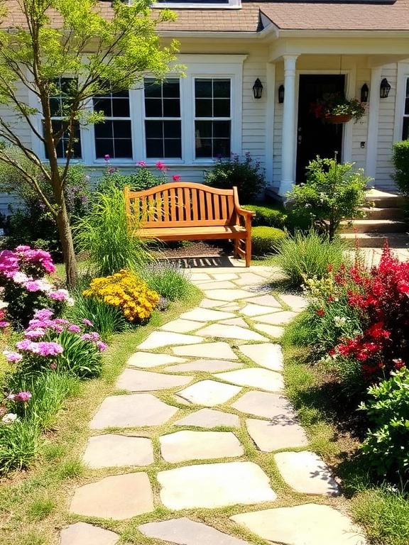 Stone pathway leading to a wooden garden bench, surrounded by colorful flowers and shrubs, sunny front yard, charming traditional house