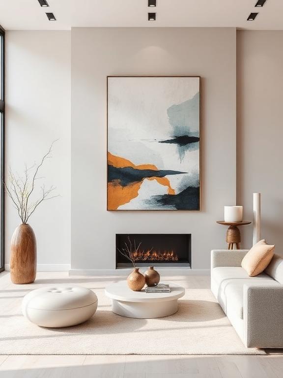 Modern room with abstract art, sculptural decor, neutral background