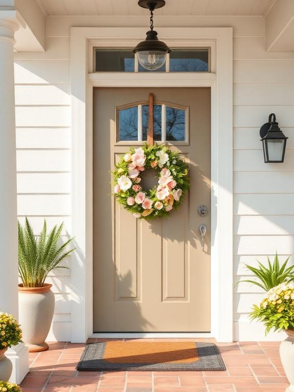 Spring wreath on front door, floral design, welcoming entry