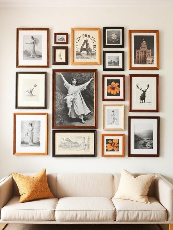 Gallery wall with mixed frames, artwork, neutral wall background