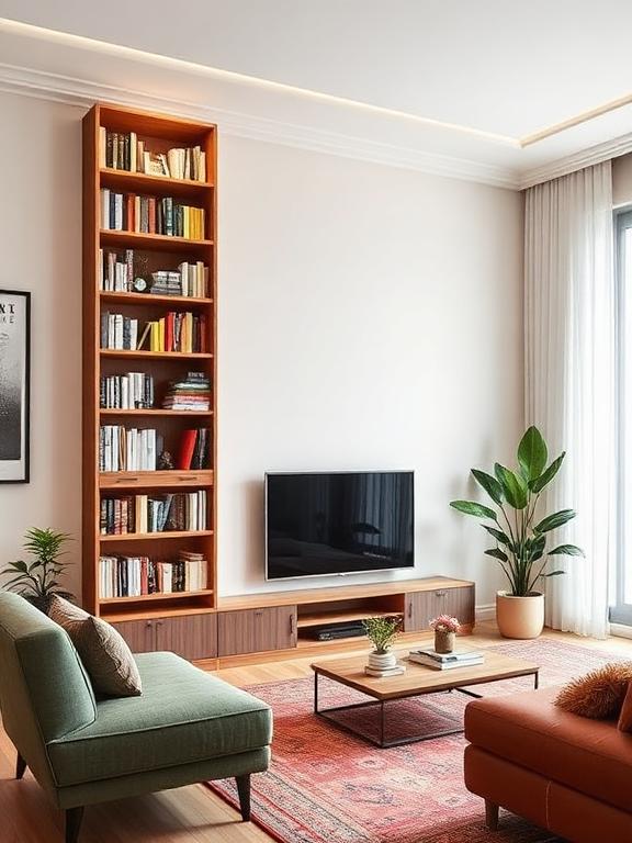Cozy living room bookshelf with books and decor items