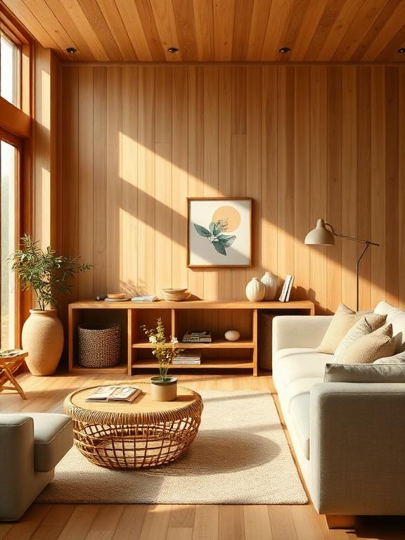 Japandi living room with warm wooden accents, rattan coffee table, oak shelving, neutral sofa, sunlight, luxury home decor photography.