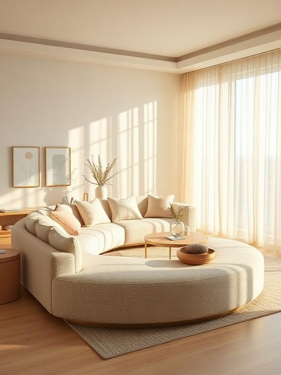 Scandinavian Japandi living room with neutral tones, beige and ivory sofa, natural sunlight, luxury home decor