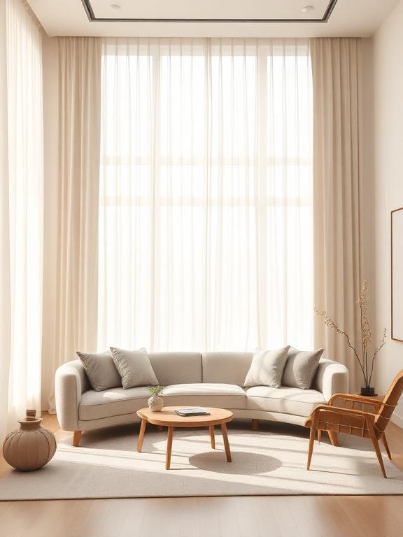 Living room with floor-to-ceiling sheer curtains, soft sunlight diffusion, curved sofa, neutral palette, Scandinavian Japandi interior.