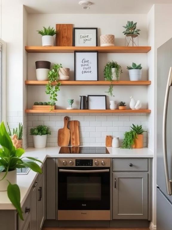  Kitchen or living room with open shelves, styled decor items, plants, neutral tones