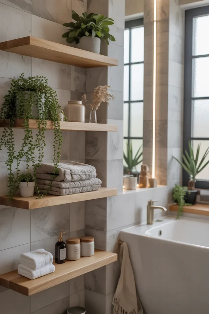 Minimalist bathroom with wooden floating shelves holding towels, jars, and a small potted plant, modern clean aesthetic.