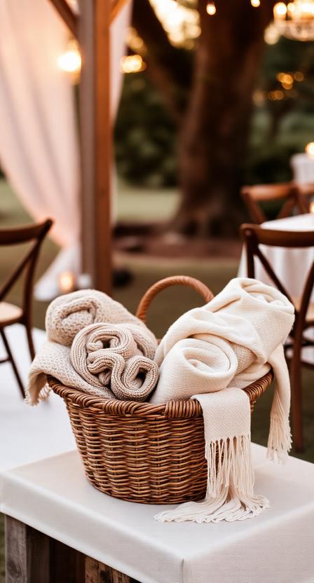 Basket of cozy blankets at backyard wedding, wooden seating, evening glow, intimate and thoughtful décor