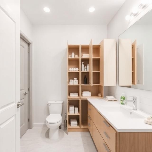 Minimalist bathroom with clean countertops and open cabinets showing neatly stored items, bright and airy.