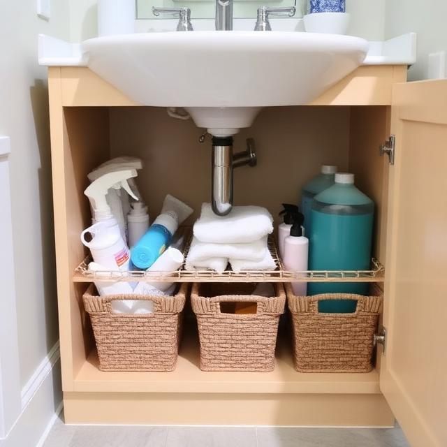 Bathroom cabinet under sink with organized baskets holding toiletries and cleaning supplies, neat and bright.