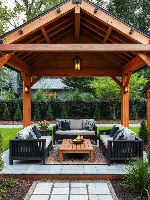 Wooden pavilion in front yard with outdoor sofa, coffee table, hanging lights, surrounded by greenery, modern suburban home"