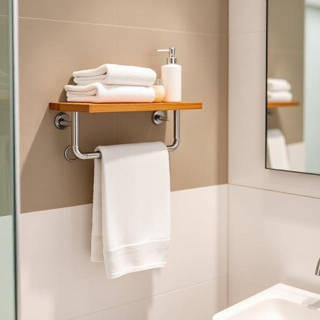 Modern wall-mounted towel rack with shelf holding neatly folded towels, clean and organized bathroom décor.