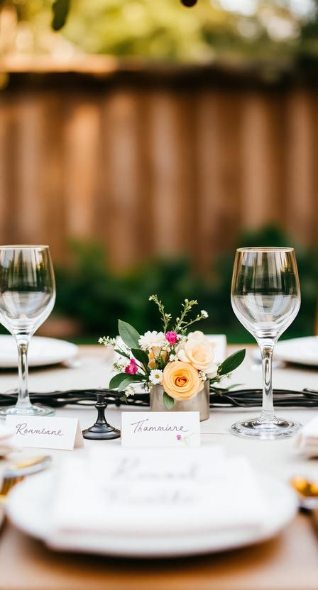 Close-up of backyard wedding table setting, handwritten name cards, small floral accents, cozy rustic vibe