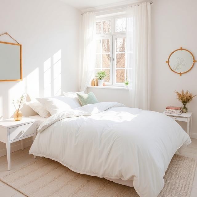 Bright bedroom with white and pastel bedding, spring sunlight, minimal decor, cozy atmosphere