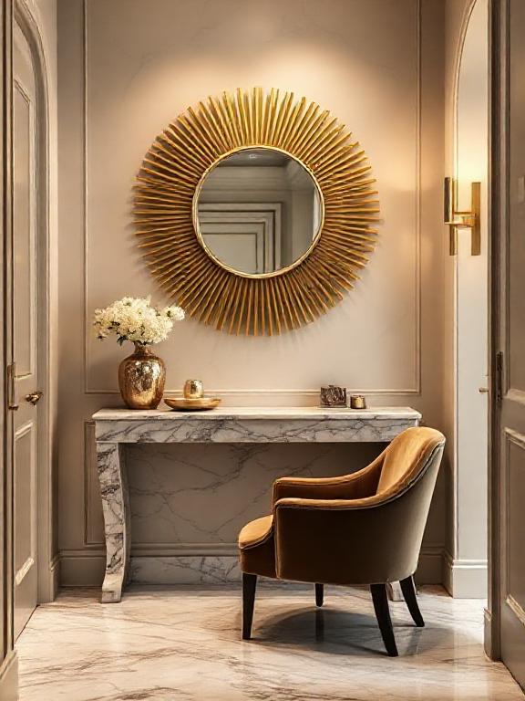 Gold sunburst mirror, marble console table, velvet chair, soft lighting, luxury deco hallway