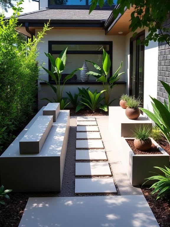 Modern front yard with concrete benches and built-in planters, greenery surrounding, clean paving, minimalist modern house exterior"