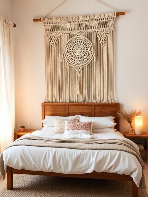Boho bedroom with macramé wall hanging above bed, neutral tones, cozy lighting