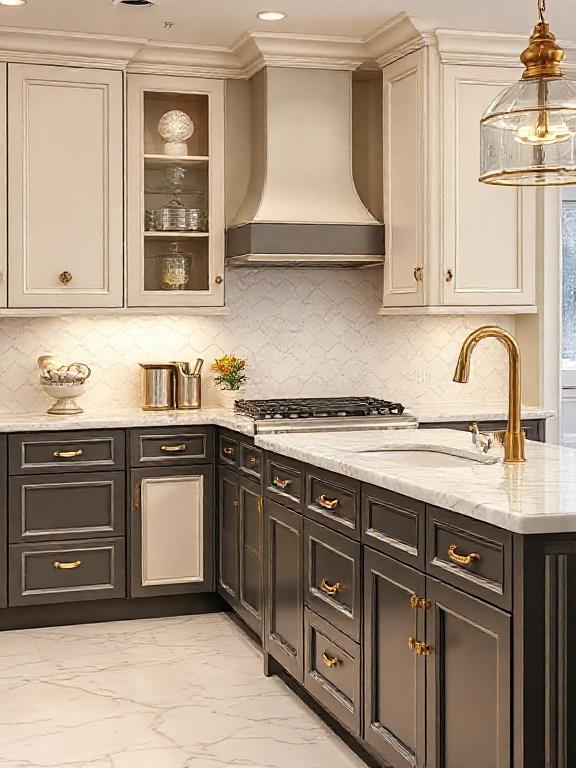 wo-tone kitchen cabinets, marble countertop, brass hardware, elegant art deco kitchen design
