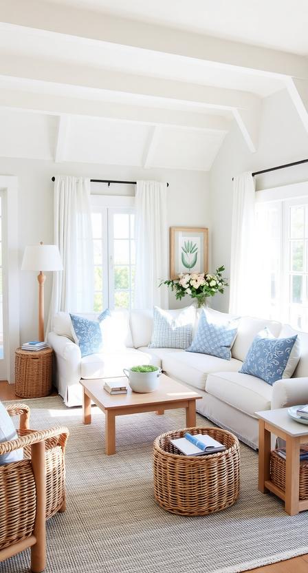 “Light and airy coastal living room with white sofa, soft blue colour