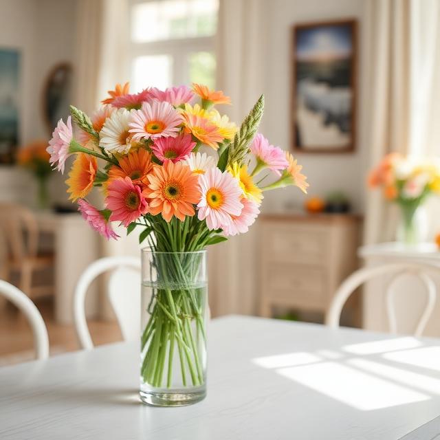 Dining table with colorful spring flowers in a glass vase, pastel accents, natural daylight, cozy home interior, soft focus