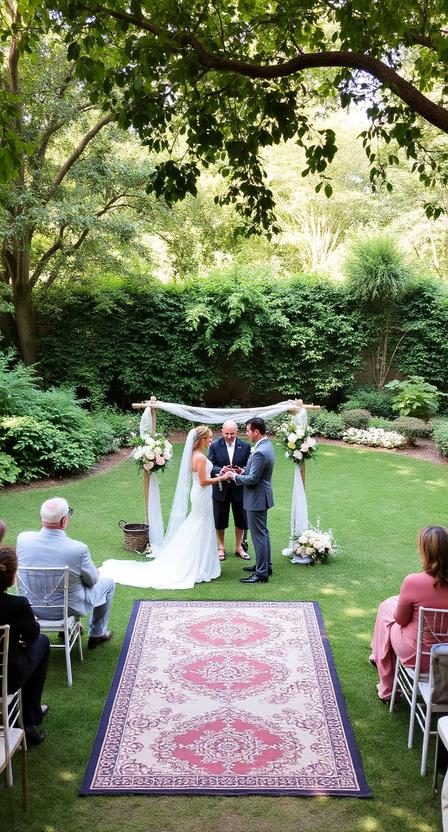  Backyard wedding ceremony on decorative rug, lush green surroundings, soft florals, intimate romantic vibe.