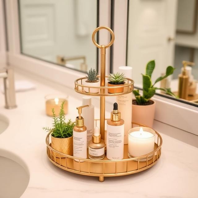 Bathroom counter with gold tiered tray displaying skincare products, candles, and small plants, tidy and stylish.