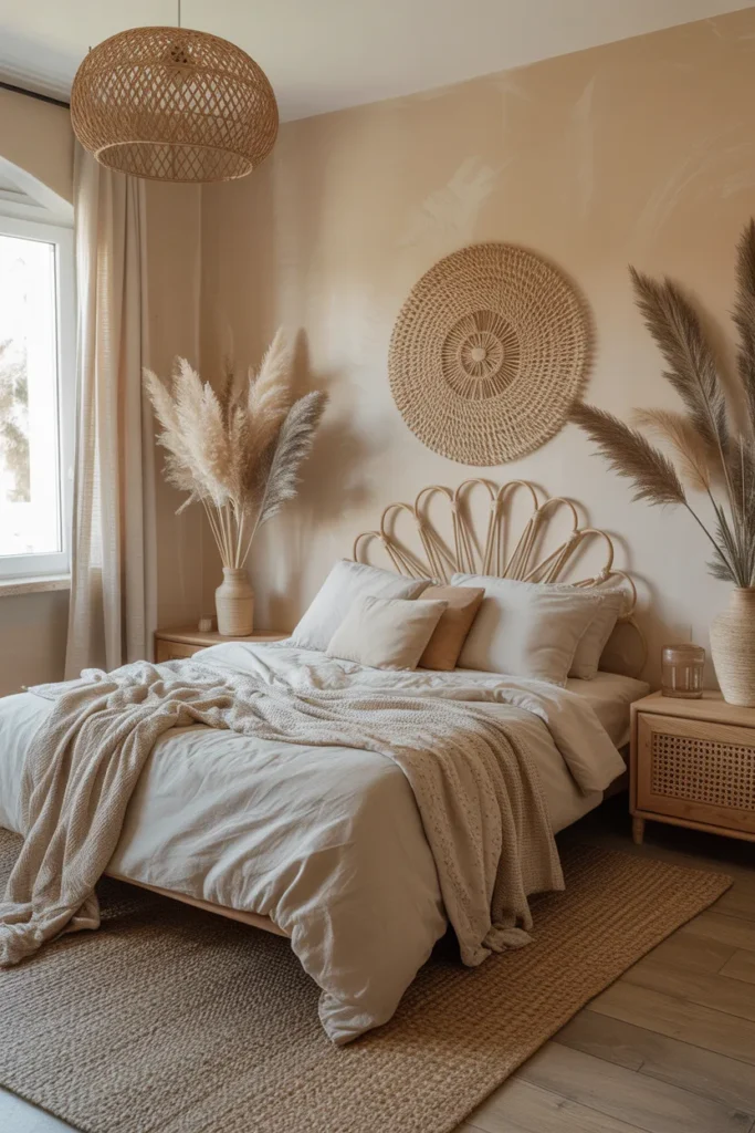 Cozy boho bedroom with beige walls, neutral bedding, natural light, rattan accents, minimalist bohemian style