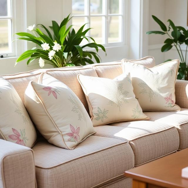 Sofa styled with pastel throw pillows, spring patterns, cozy living room, soft textures, bright natural light