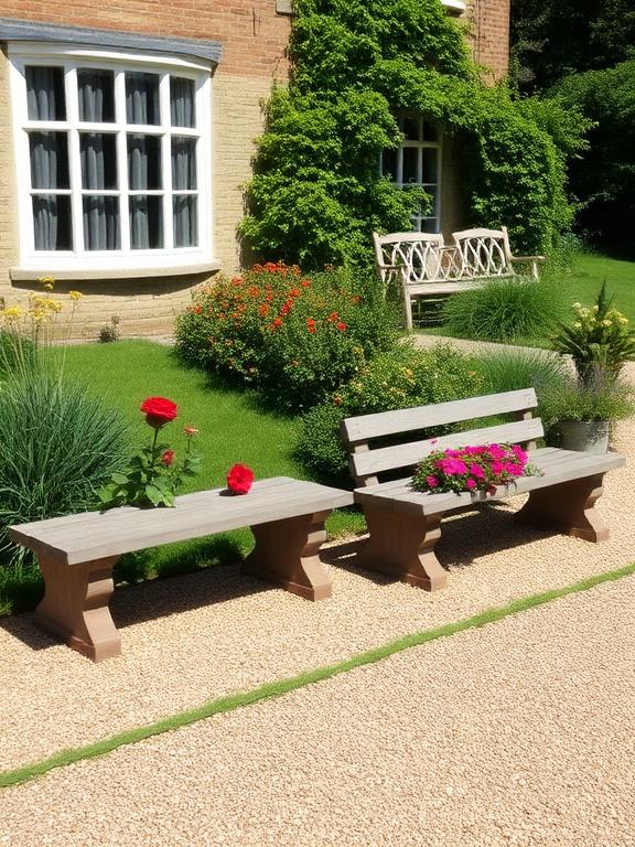 Stone benches in front yard with planter boxes filled with flowers, gravel pathway, lush greenery, sunny garden scene, traditional house facade
