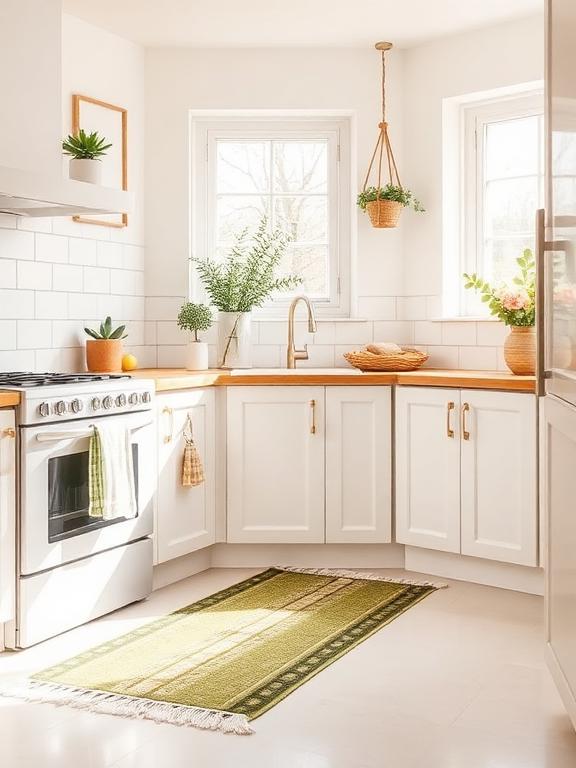 Bright kitchen with spring towels and floor mat, clean decor