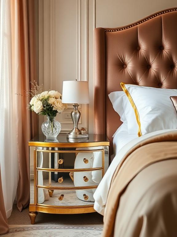  Mirrored nightstand with gold trim, velvet headboard, chic art deco bedroom, soft warm lighting.