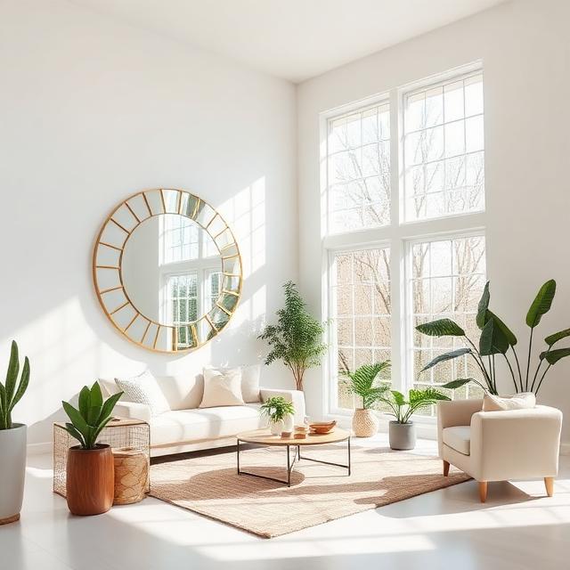 Bright room with decorative mirror reflecting sunlight, spring decor, clean interior