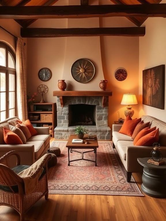  Cozy living room with earthy color palette, terracotta cushions, wooden furniture, warm lighting